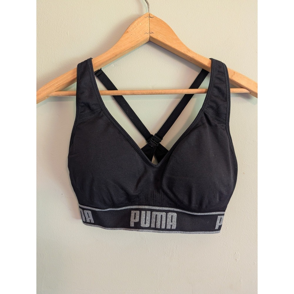 Puma Women's Performance Seamless Sports Bra Black Cross Back Adjustable Logo